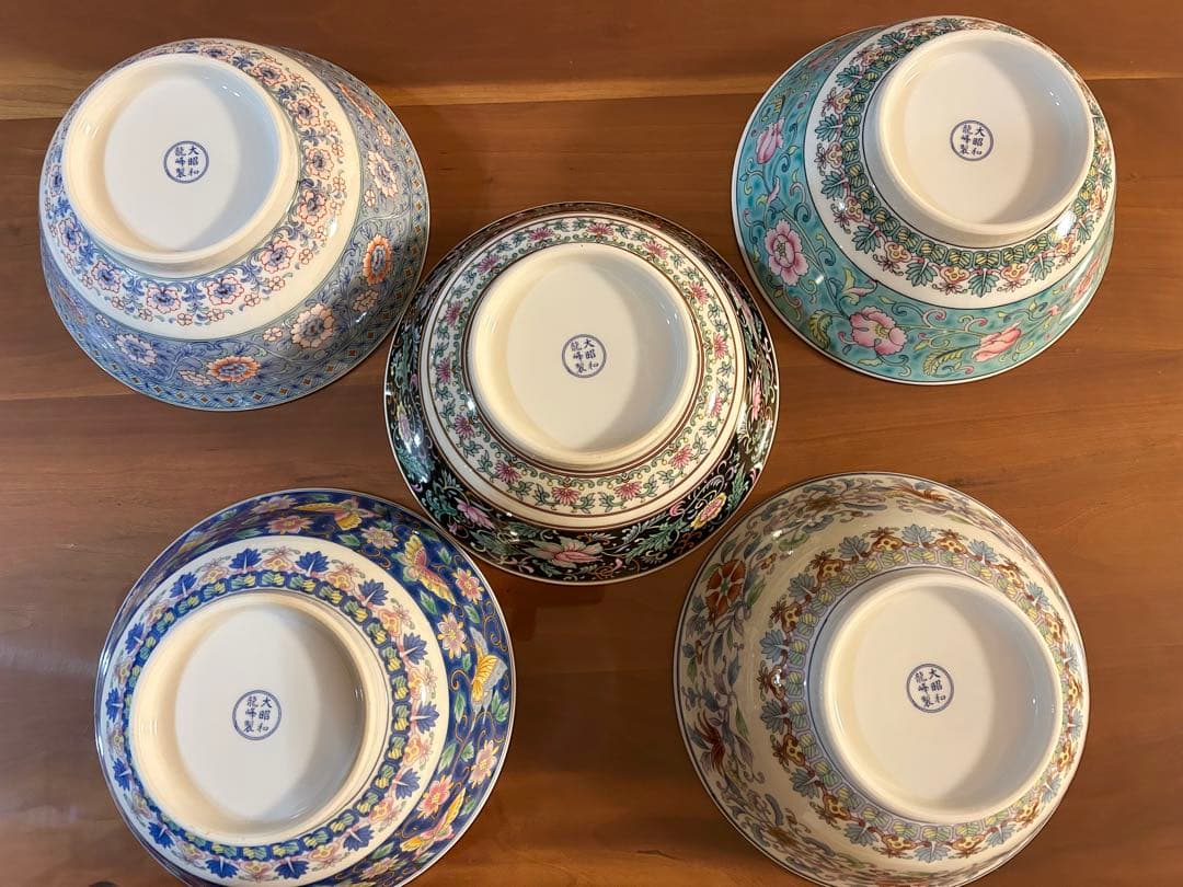 大昭和龍峰製　昭和レトロ　花柄の陶器ラーメン丼ぶり5個とスプーン5本セット