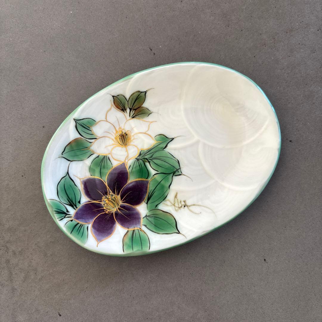 《ほぼ新品》美品【陶葊】京焼　清水焼　白掛彩草花　色絵付け　皿　鉄線　陶あん
