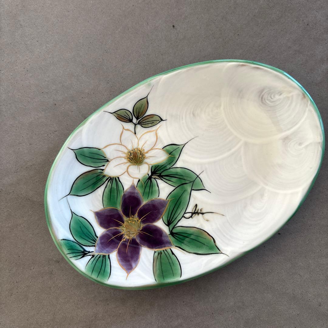 《ほぼ新品》美品【陶葊】京焼　清水焼　白掛彩草花　色絵付け　皿　鉄線　陶あん