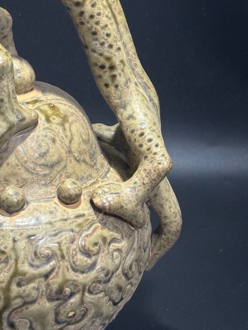 中国　宋元時代 ドラゴン持ち手の陶器壺