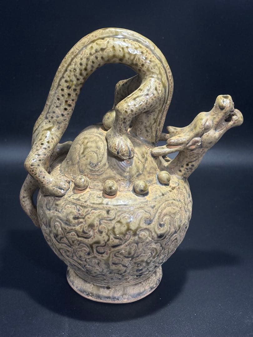 中国　宋元時代 ドラゴン持ち手の陶器壺
