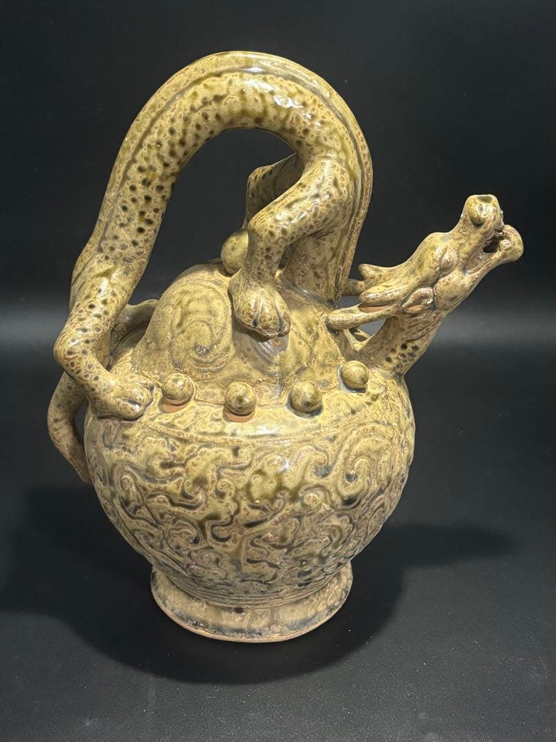中国　宋元時代 ドラゴン持ち手の陶器壺