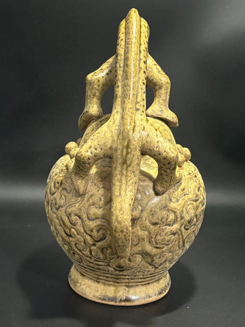 中国　宋元時代 ドラゴン持ち手の陶器壺