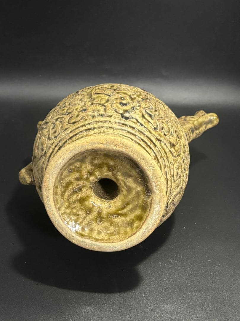 中国　宋元時代 ドラゴン持ち手の陶器壺