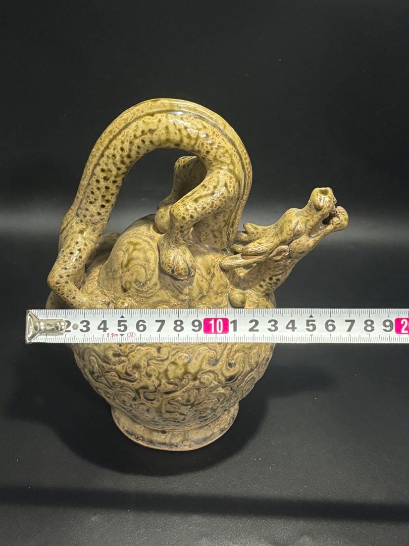 中国　宋元時代 ドラゴン持ち手の陶器壺
