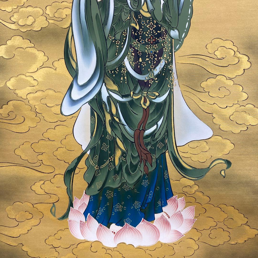 美品 掛け軸 福田素仙作 金地 雲上観音像 共箱 仏画 年中掛け