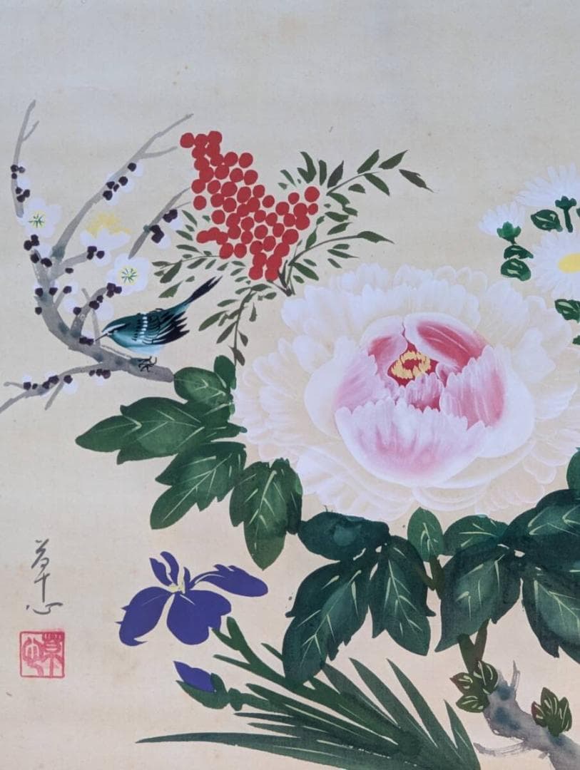 【真作】掛軸　花鳥画掛軸　牡丹に南天　小禽図　華麗なる吉祥の一幅　V141