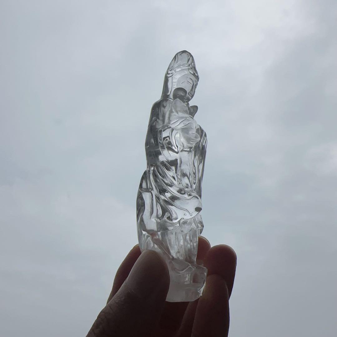 天然石 水晶の觀音様　置物　彫り物F.76