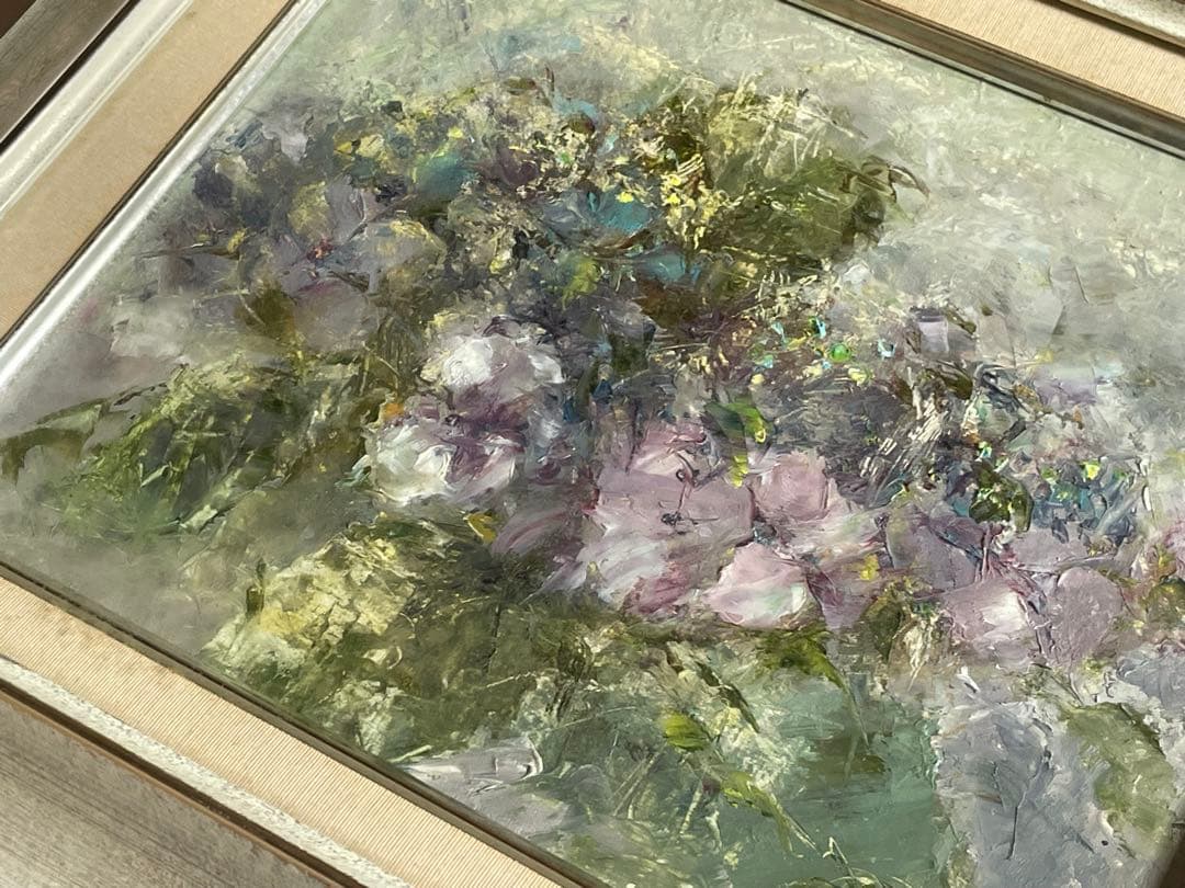 油絵　作者不明　S .H 紫陽花　額入　3号　油彩画
