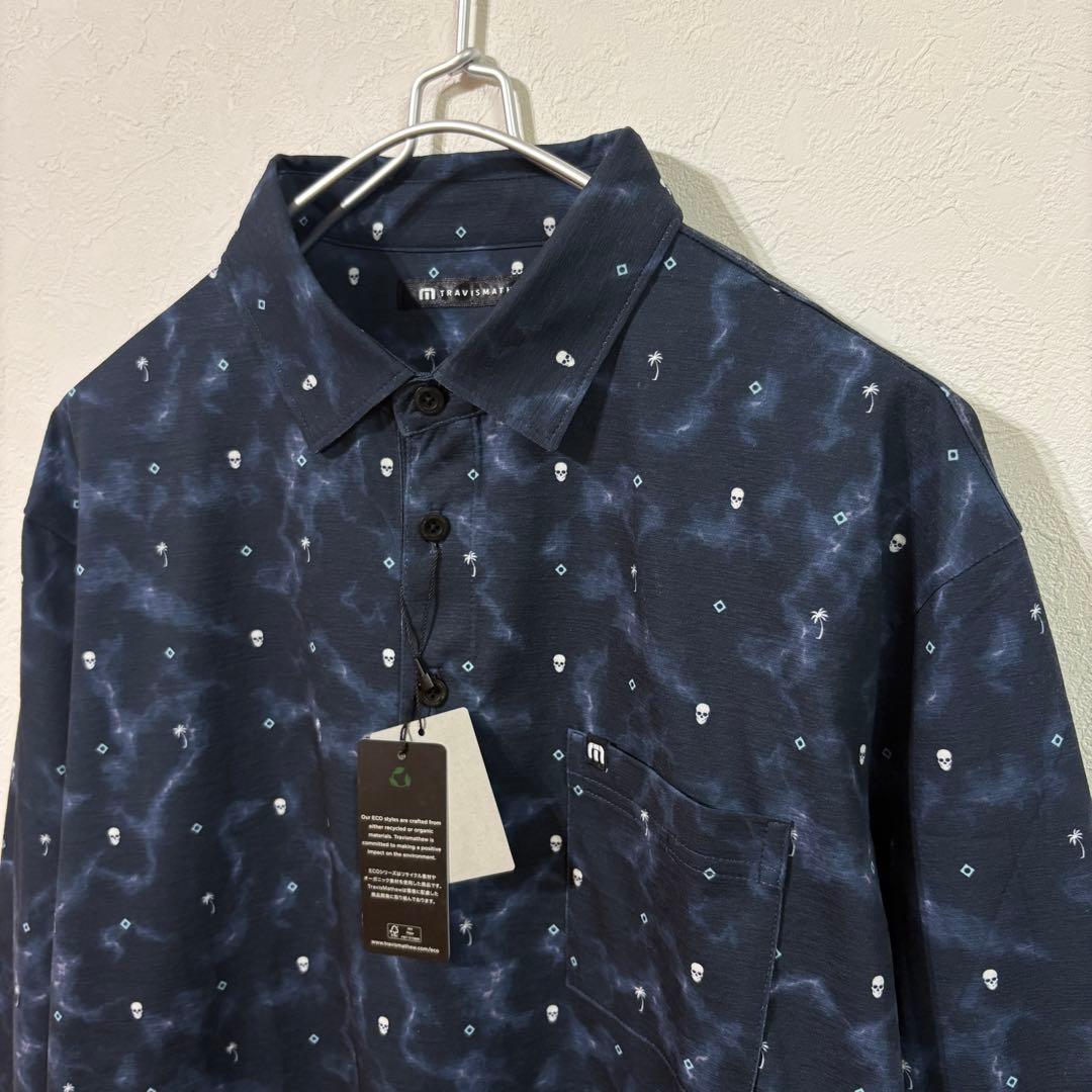 【TravisMathew】新品　プリント長袖ポロ　ゴルフ　メンズＸＬ　ネイビー