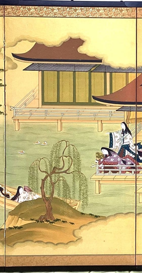四つ折り屏風　日本画　絹本彩色　『源氏船遊び』