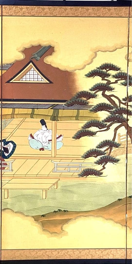 四つ折り屏風　日本画　絹本彩色　『源氏船遊び』