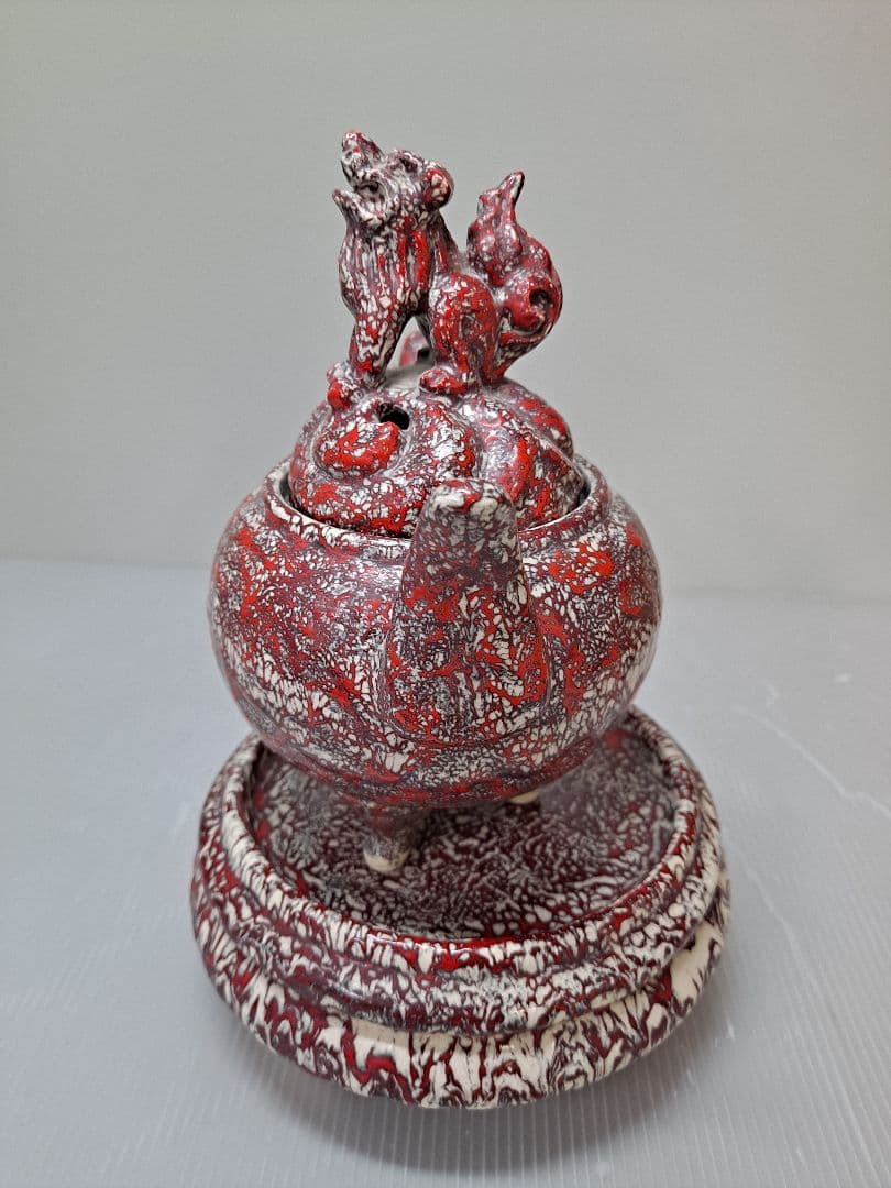 美品 未使用 箕面焼 二代松田箕山 獅子付き 耳付き 三ツ足香炉 茶道具 共箱
