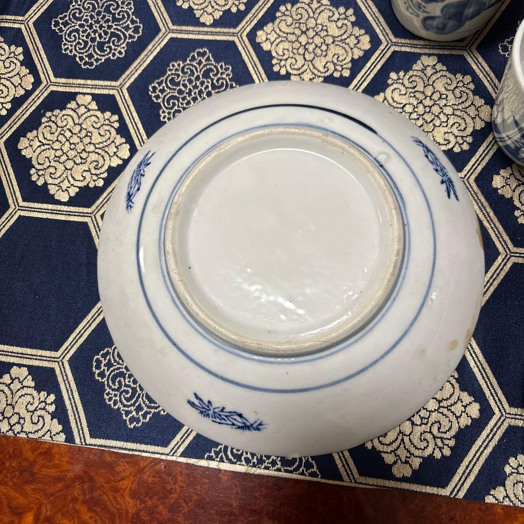 骨董蕎麦猪口大、中、小3点陶器皿セット（青い風景画・花柄）