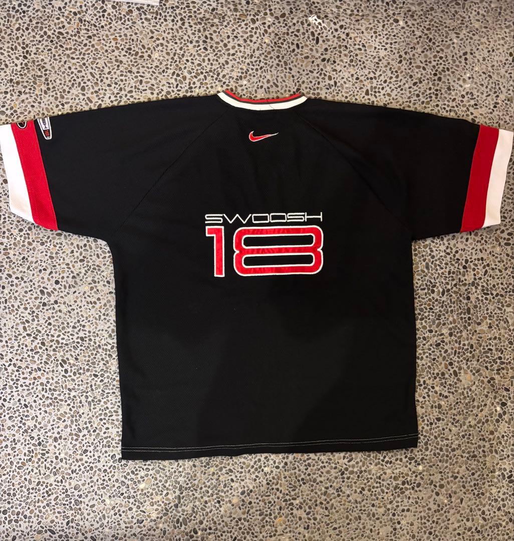 y2k NIKE 90s 銀タグ SWOOSH18 メッシュTシャツ 黒×赤×白