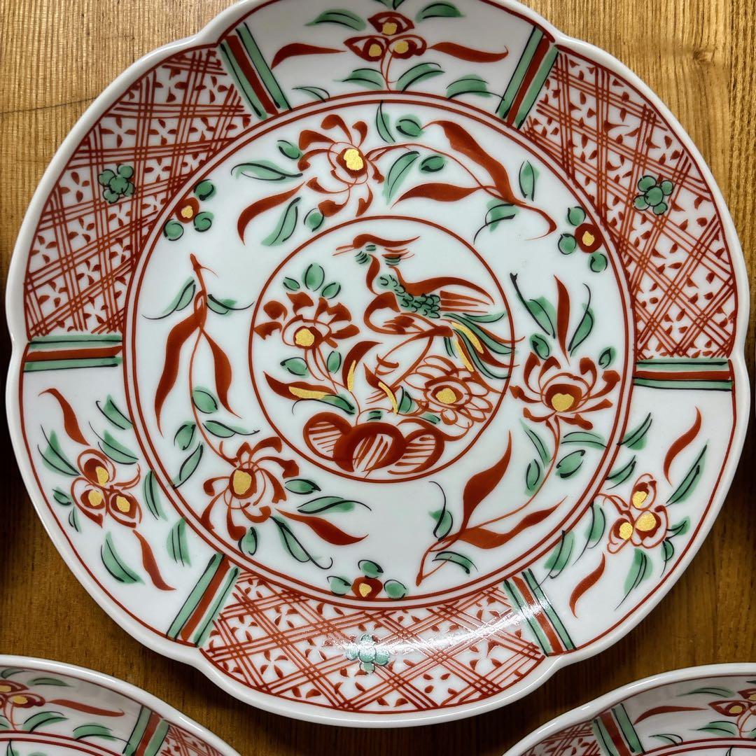 たち吉　赤絵　金彩　和皿揃　中皿　花形皿　盛皿　直径19cm