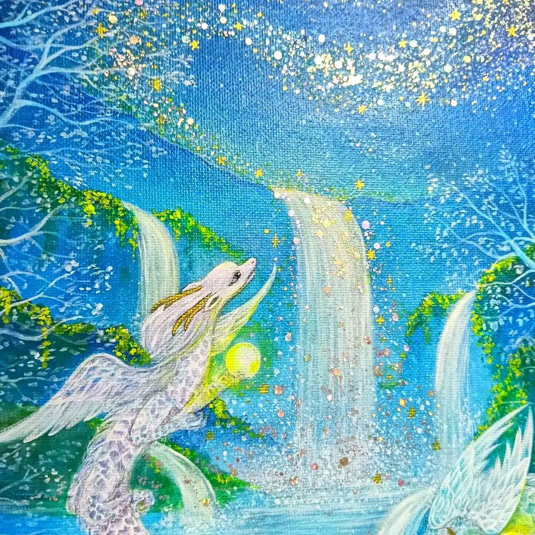 No.511 F3キャンバスアクリル画 ドラゴン　龍 開運絵画　龍の絵 星空　滝