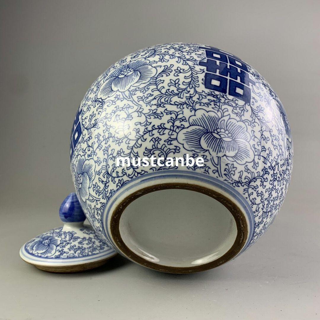 青花喜字円缶茶筒 景徳鎮 陶磁器 装飾品 現代工芸品 美術品 置物