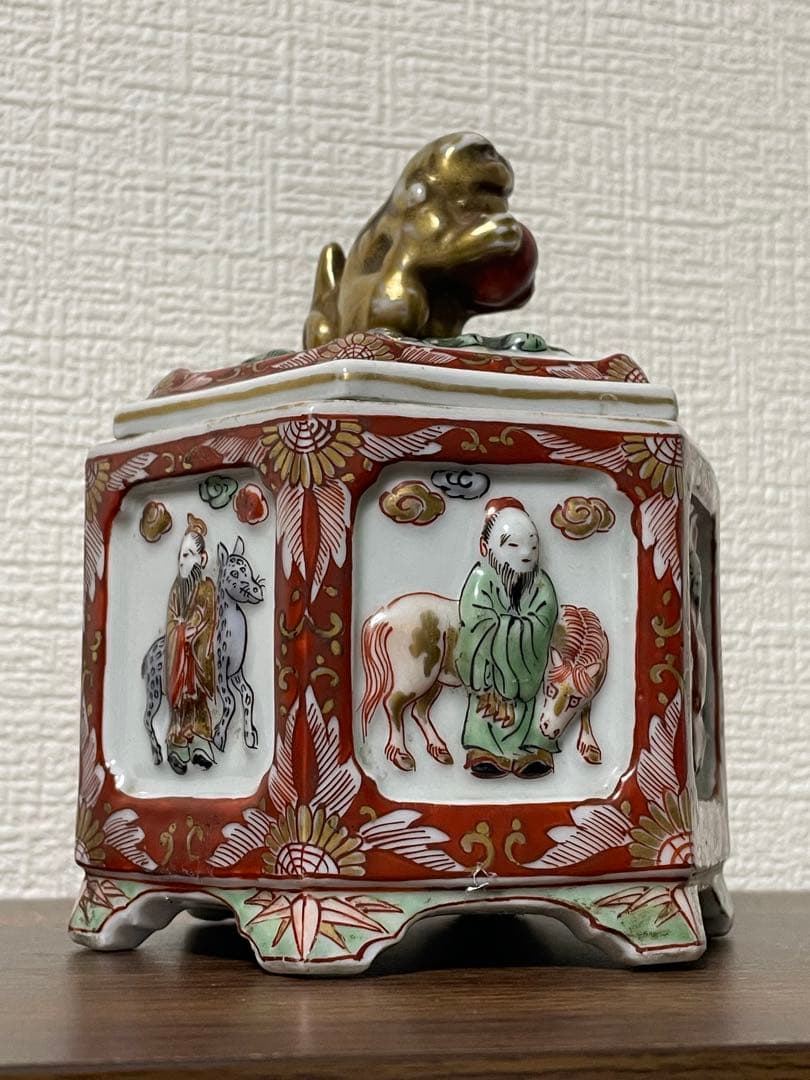 時代物 九谷焼 赤絵金彩 六面香炉 獅子火屋 賢人聖獣図 古美術