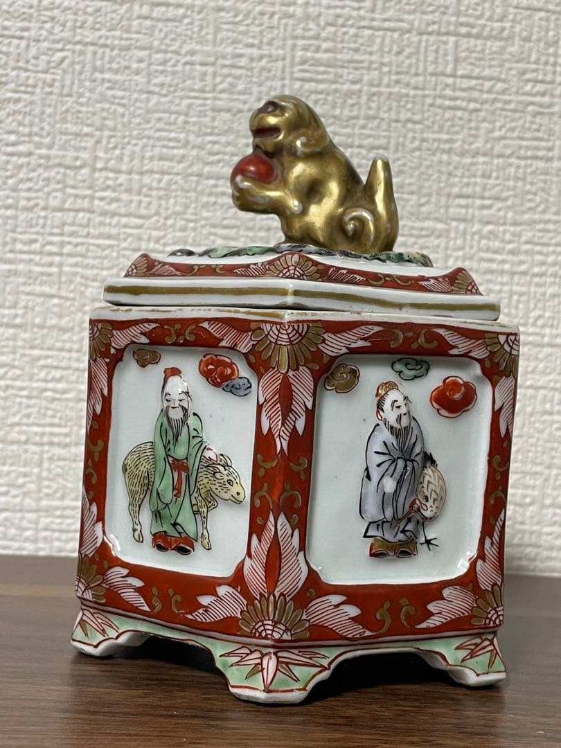 時代物 九谷焼 赤絵金彩 六面香炉 獅子火屋 賢人聖獣図 古美術