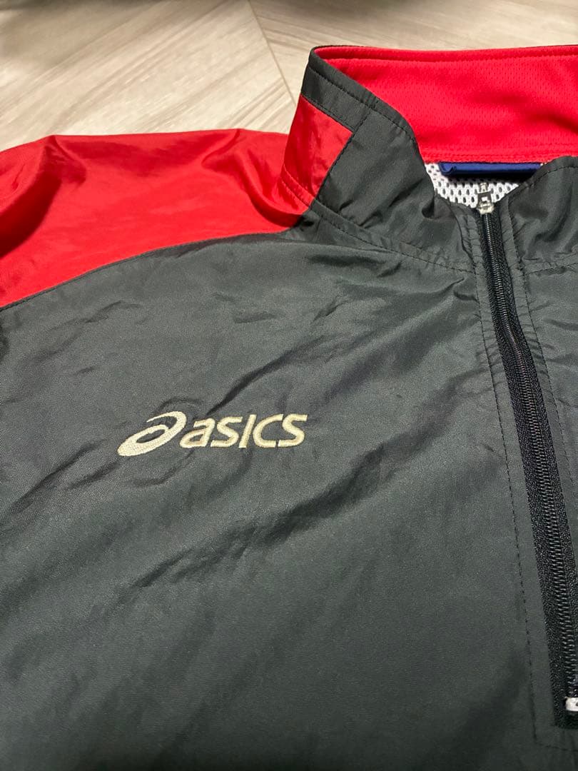 00s asics ナイロンジャケット XL 黒赤 ハーフジップ