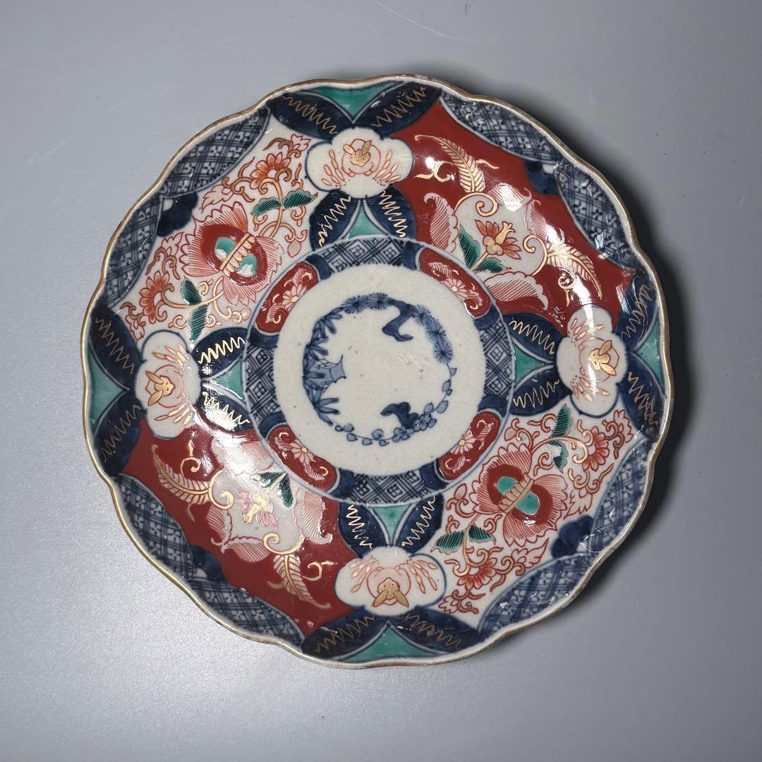 江戸後期　古伊万里　色絵うさぎ文様輪花形七寸皿　五客　冨貴長春　21.8cm