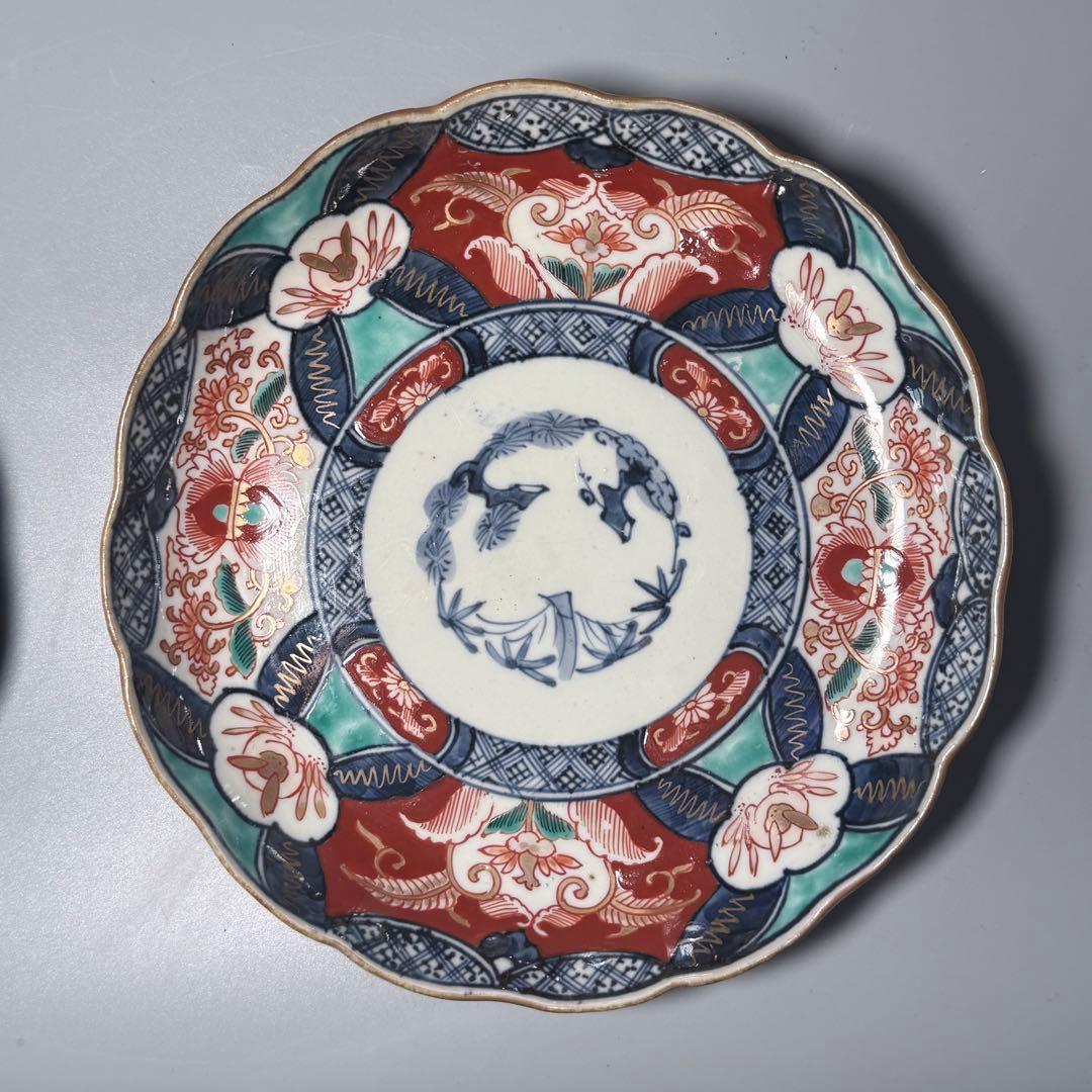 江戸後期　古伊万里　色絵うさぎ文様輪花形七寸皿　五客　冨貴長春　21.8cm