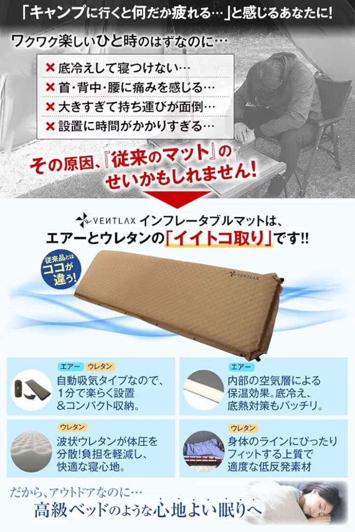 VENTLAX インフレータブルスリーピングマット ブラック