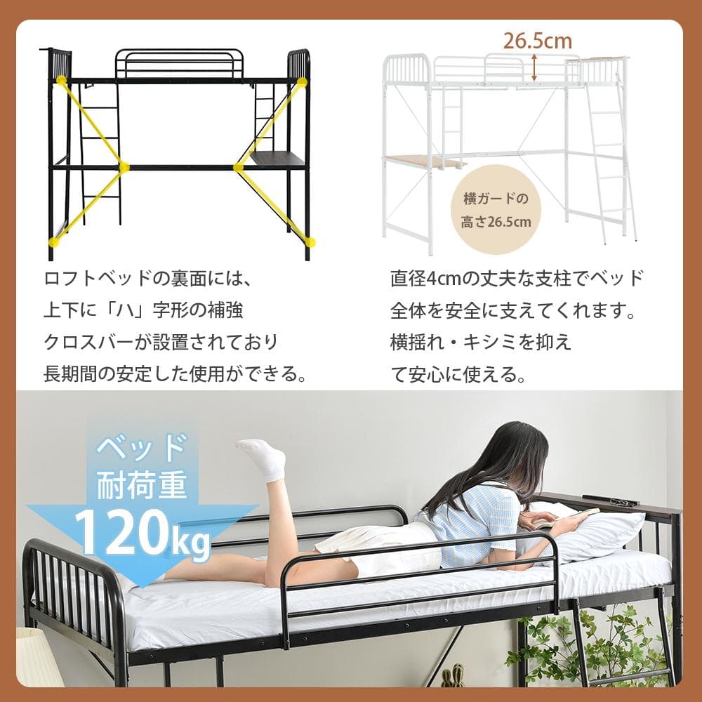 超人気！システムベット ロフトベッド シングル コンセント付き北欧風 Black