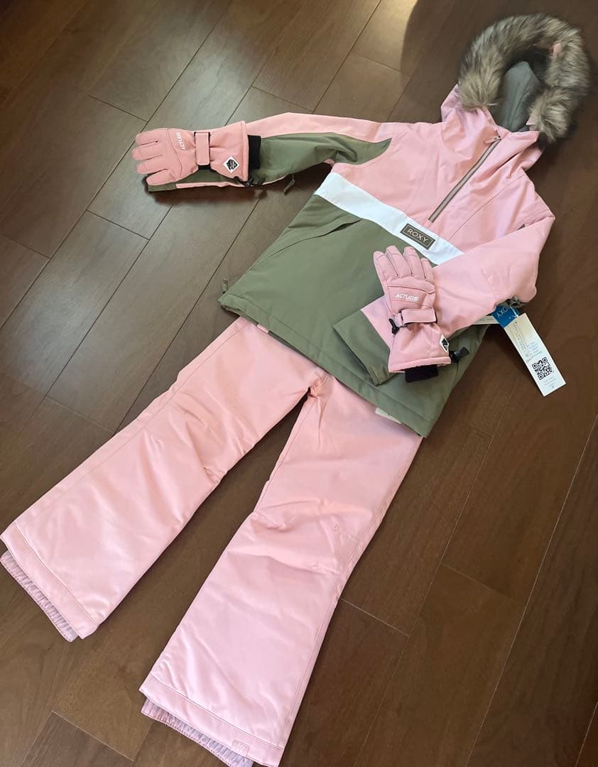 ワンシーズン仕様 ROXY スキーウェアセット ピンク／カーキ　 手袋付き