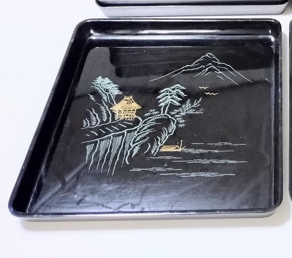 Y【中古品】漆塗り　御膳　会席膳【お盆】　グレー　8客セット