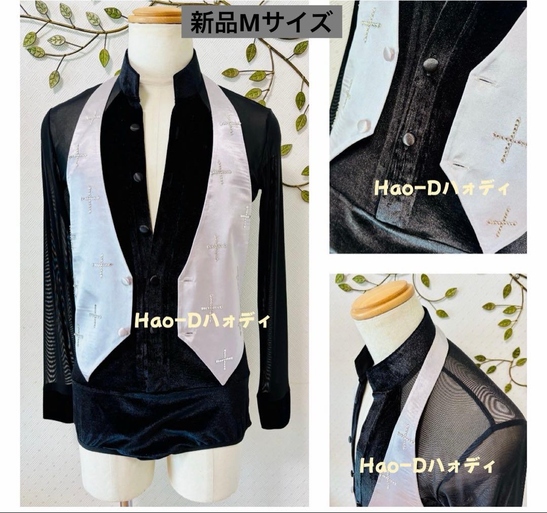 新品★社交ダンス★ラテン★ベスト★シルバーグレー★サテン★ストーンあり★M