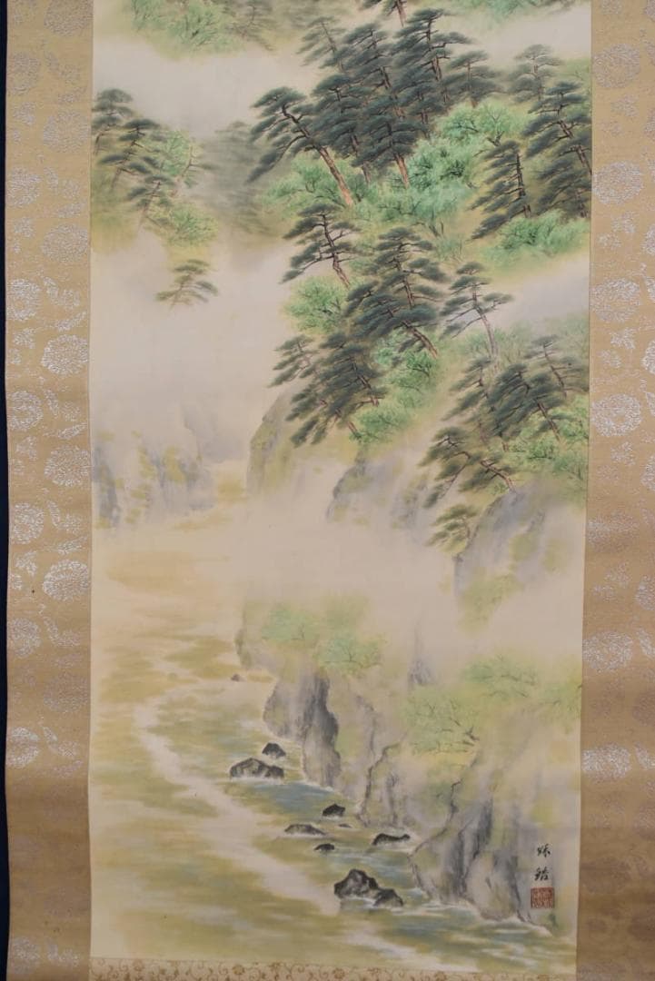 【真作】秋皓/嵐峡山水図/掛軸/名家伝来/AA-872