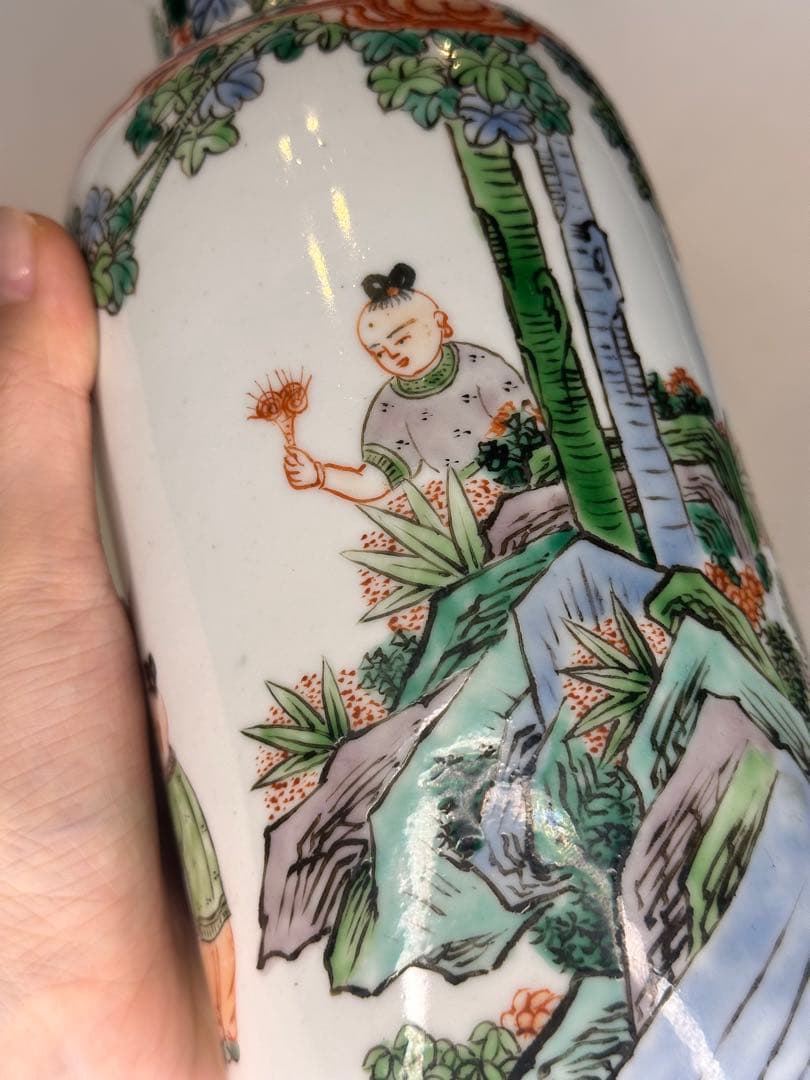 康熙葉子款 底部款識 人物童子戯図 彩絵 花瓶 中国古美術 时代物