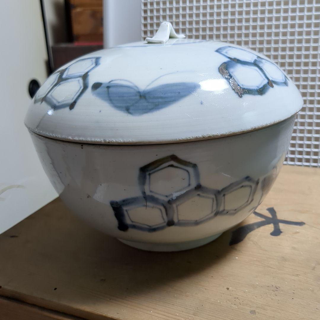 蓋つき煮物椀 蝶と丸型薩摩平佐焼箱付き大型時代物