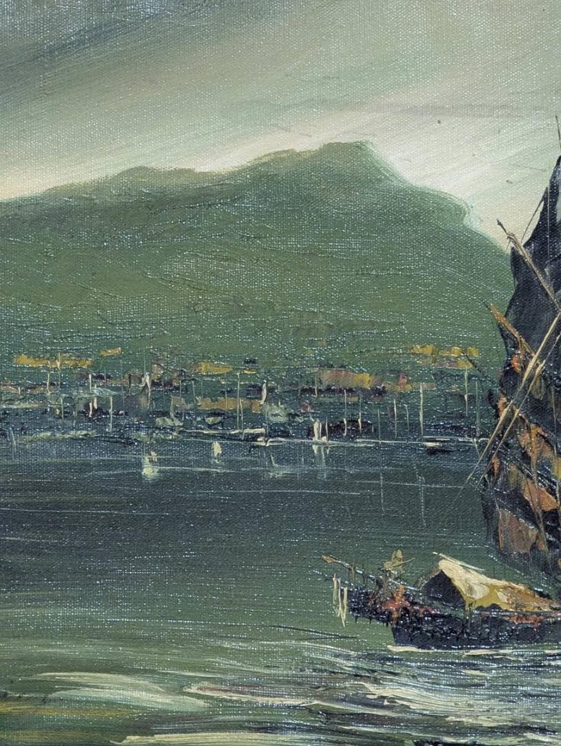 【真作】絵画　油彩6号　帆船と港町の風景画　荒波を進む小舟　油彩画　Z142