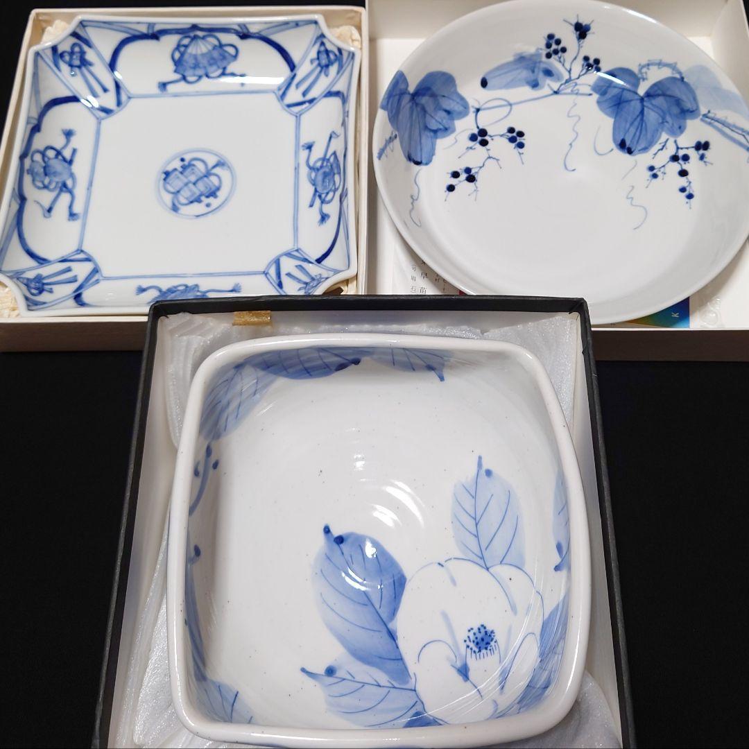 【新品未使用】九谷焼 眉石 安東早苗 香祥 紅椿 鉢 染付け 3個