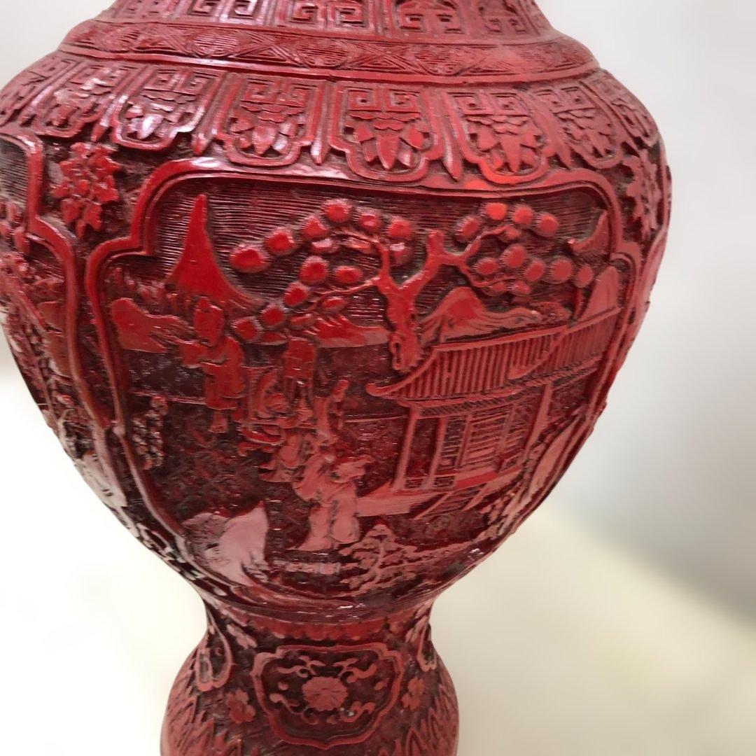 中国風 大型壺 朱色 レリーフ彫刻 花鳥図 花瓶 高約48cm 260216-2