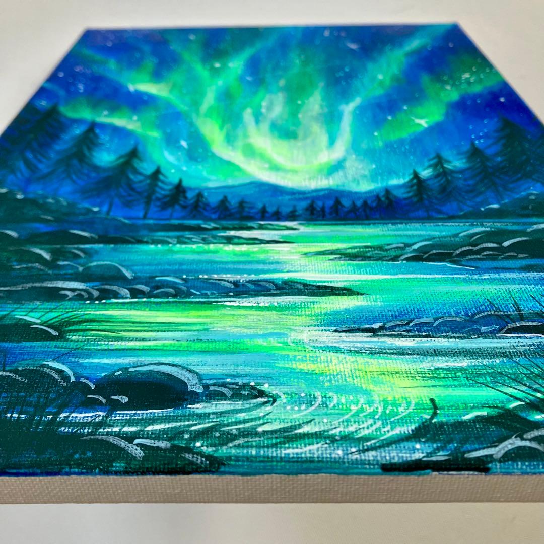オーロラの夜景＊絵画　原画　風景画　冬　クリスマス　夜空　星空　アクリル原画
