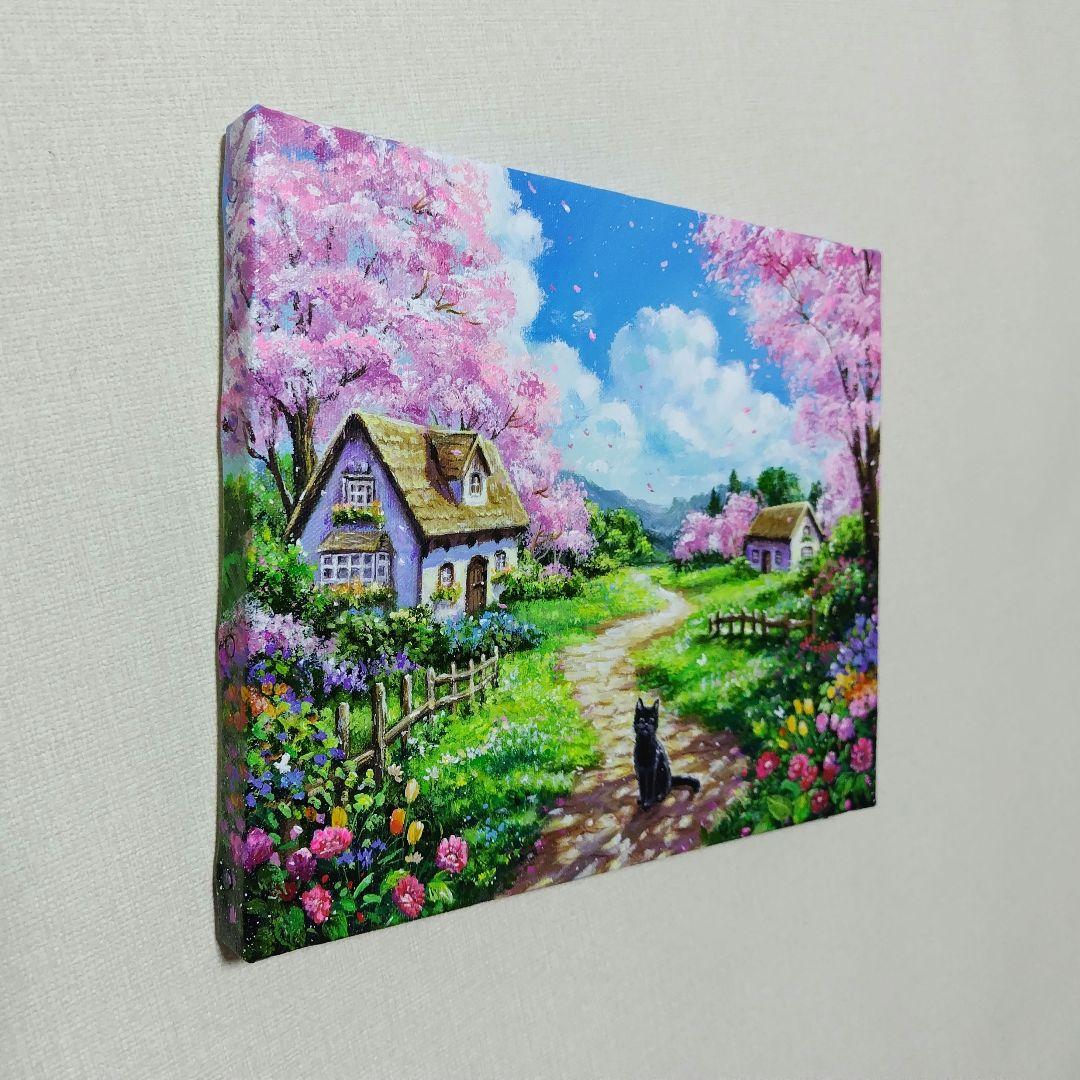 【春満開の日】アクリル画 F3 風景画 絵画