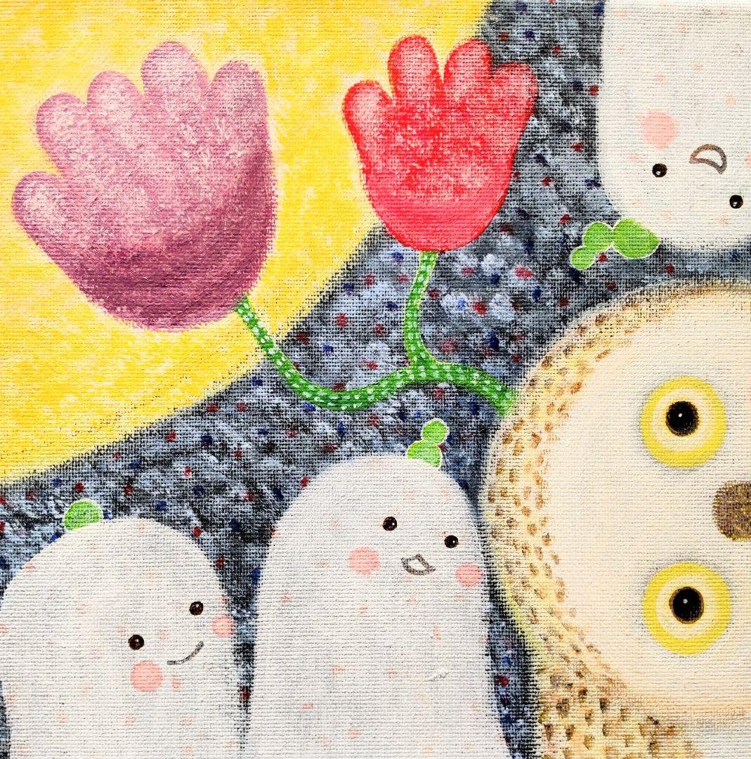 絵画 原画『花咲く夜の話』キャンバス(F4号) ふくろう 月 幸せ 一点もの