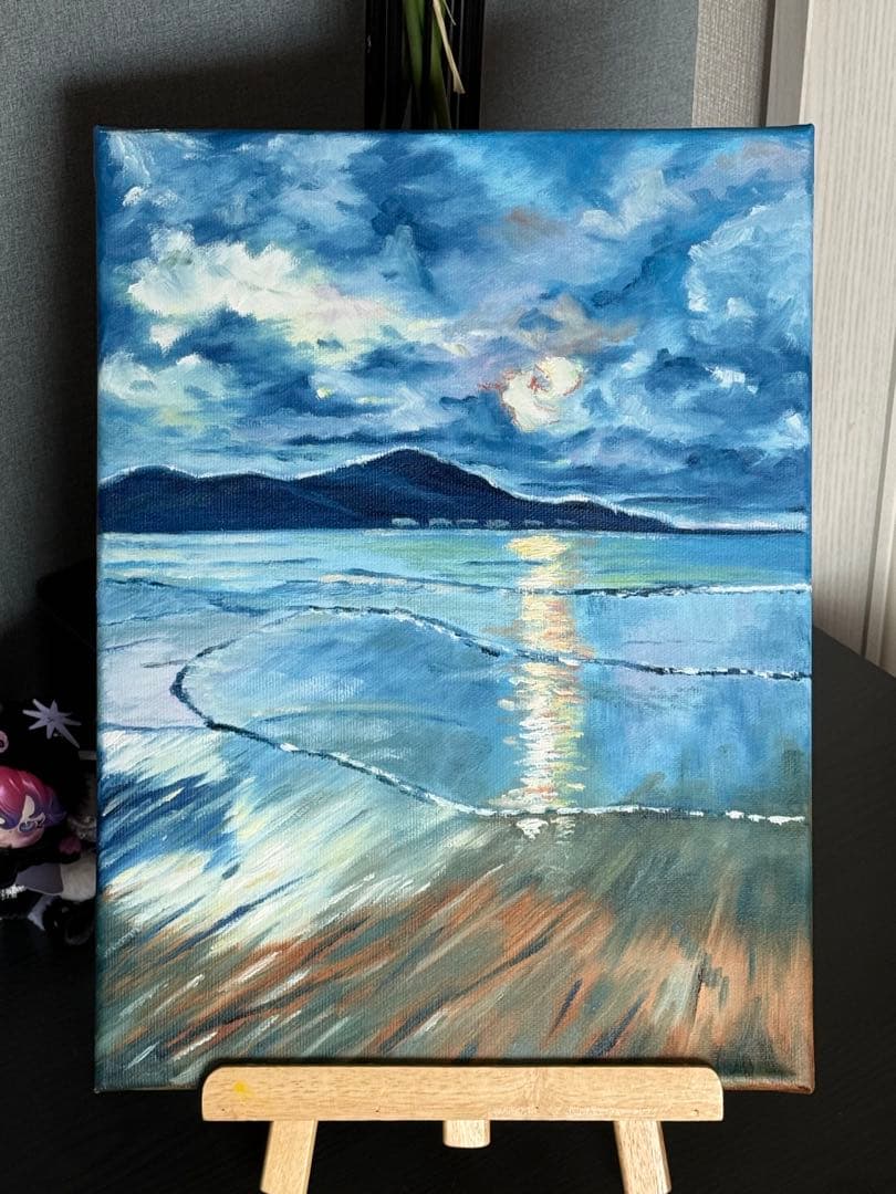 「海の落日」　手描き　肉筆　油絵　風景画　原画　油彩画