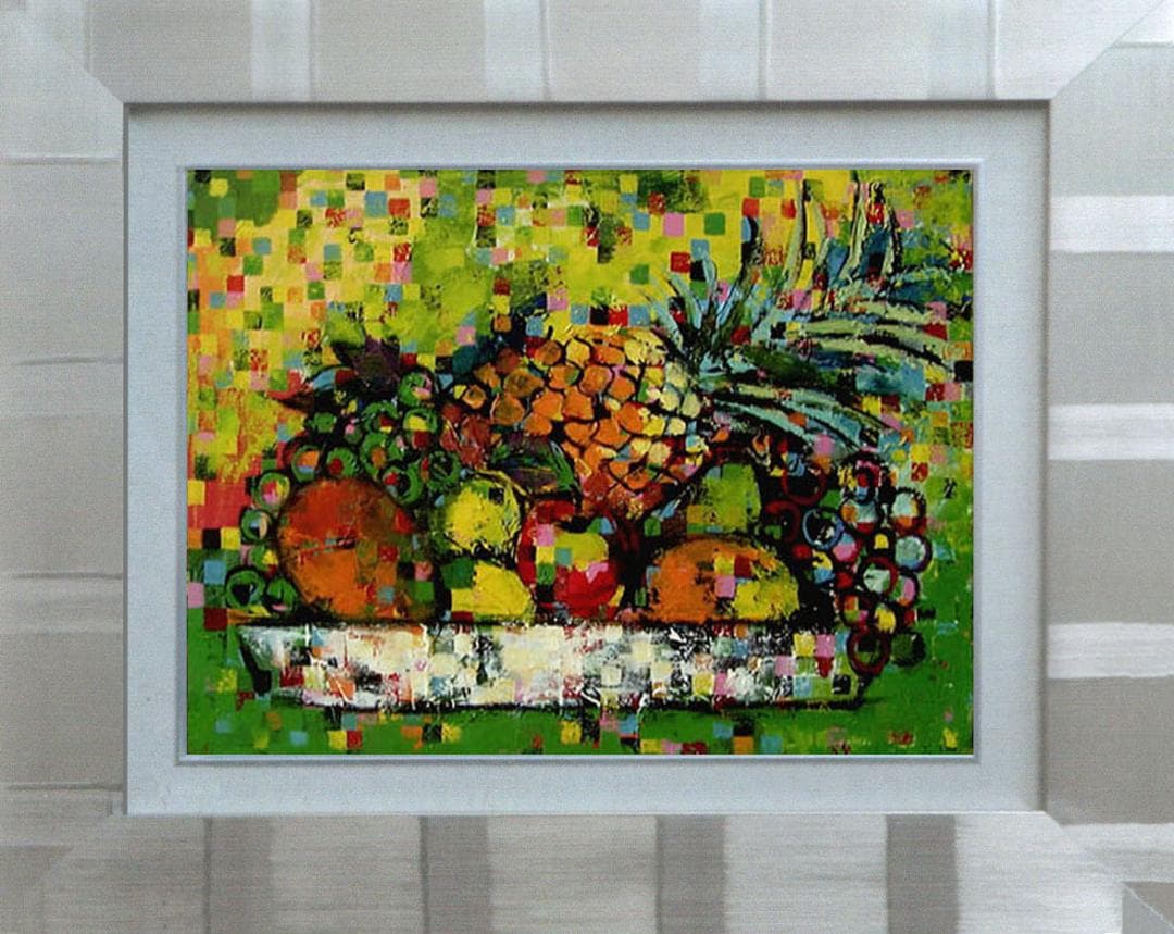 油絵 菅家令子 絵 絵画インテリア額付(青緑＋金色の枠)uF6-061103果物