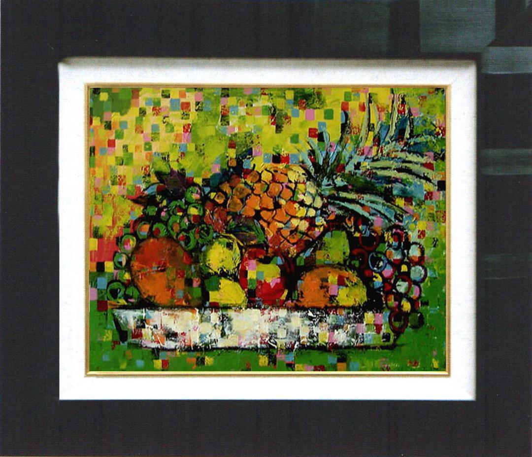 油絵 菅家令子 絵 絵画インテリア額付(青緑＋金色の枠)uF6-061103果物