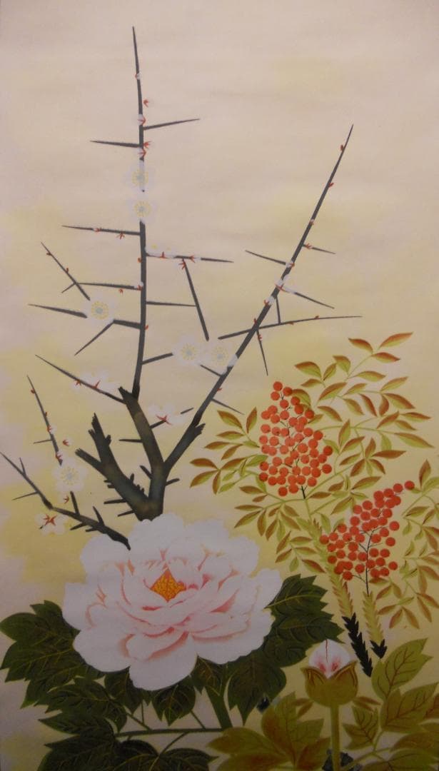 掛け軸 清月 四季花 絹本 希少 軸装 茶道具 掛軸 美品 です。