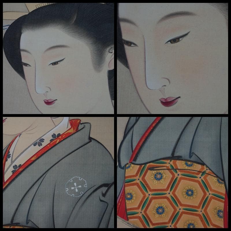 明治期 高谷篁甫筆 『園窓美人画』肉筆絹本掛軸 共箱★時代物★