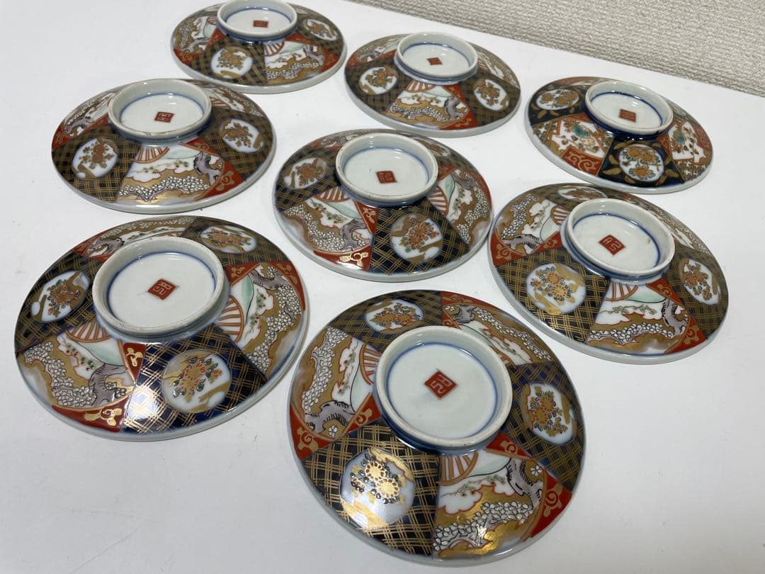 【現状品】古伊万里 陶器 蓋付茶碗 煮付椀 赤絵 金彩 菊柄 割烹 懐石 8個
