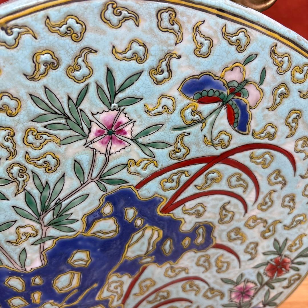 中国美術 大清同治年製 粉彩 双耳 花蝶図 扁壺 花瓶