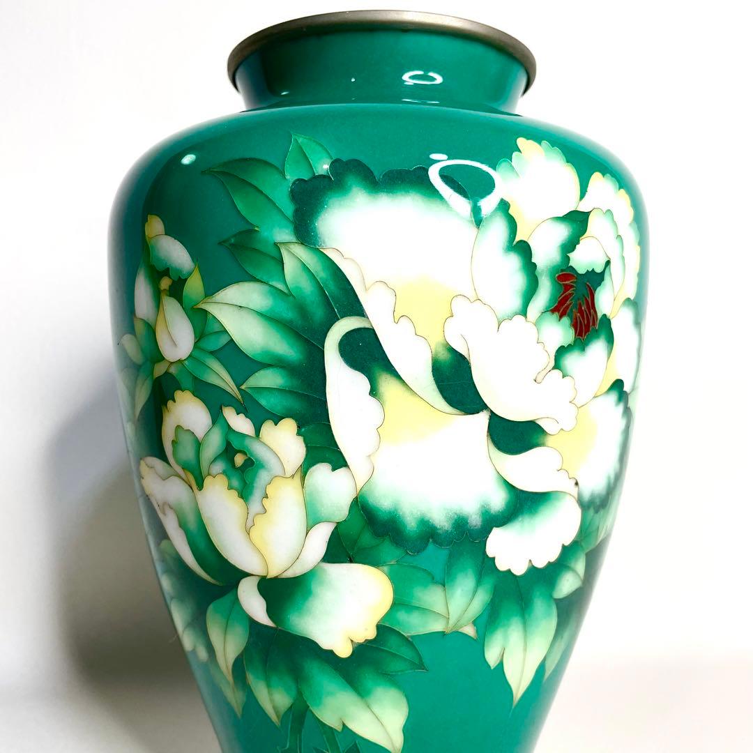 『美術七宝焼』　花瓶　緑牡丹　壺　陶磁器　花柄