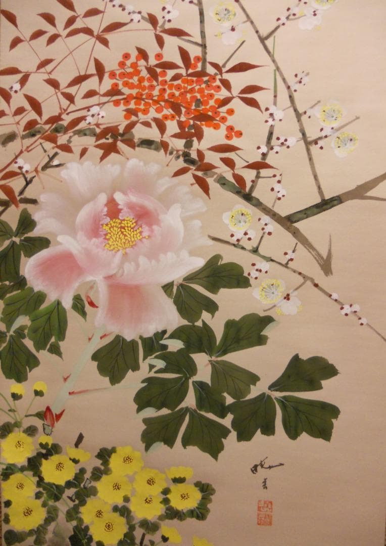 掛け軸 暁春 四季の花 絹本 希少 軸装 茶道具 掛軸 美品 です。